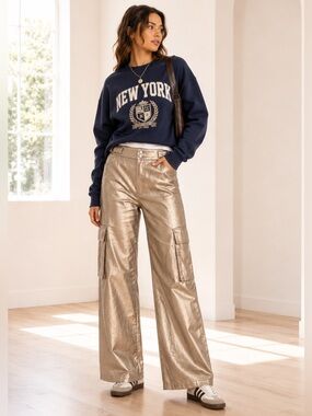 Circus NY Taupe Gold Metallic Denim Cargo Wide Leg Jeans Belted Sides Sz 30